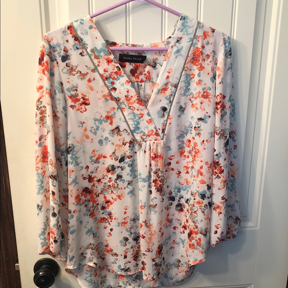 Ivanka Trump Floral V-Neck Blouse in White with Coral & Teal